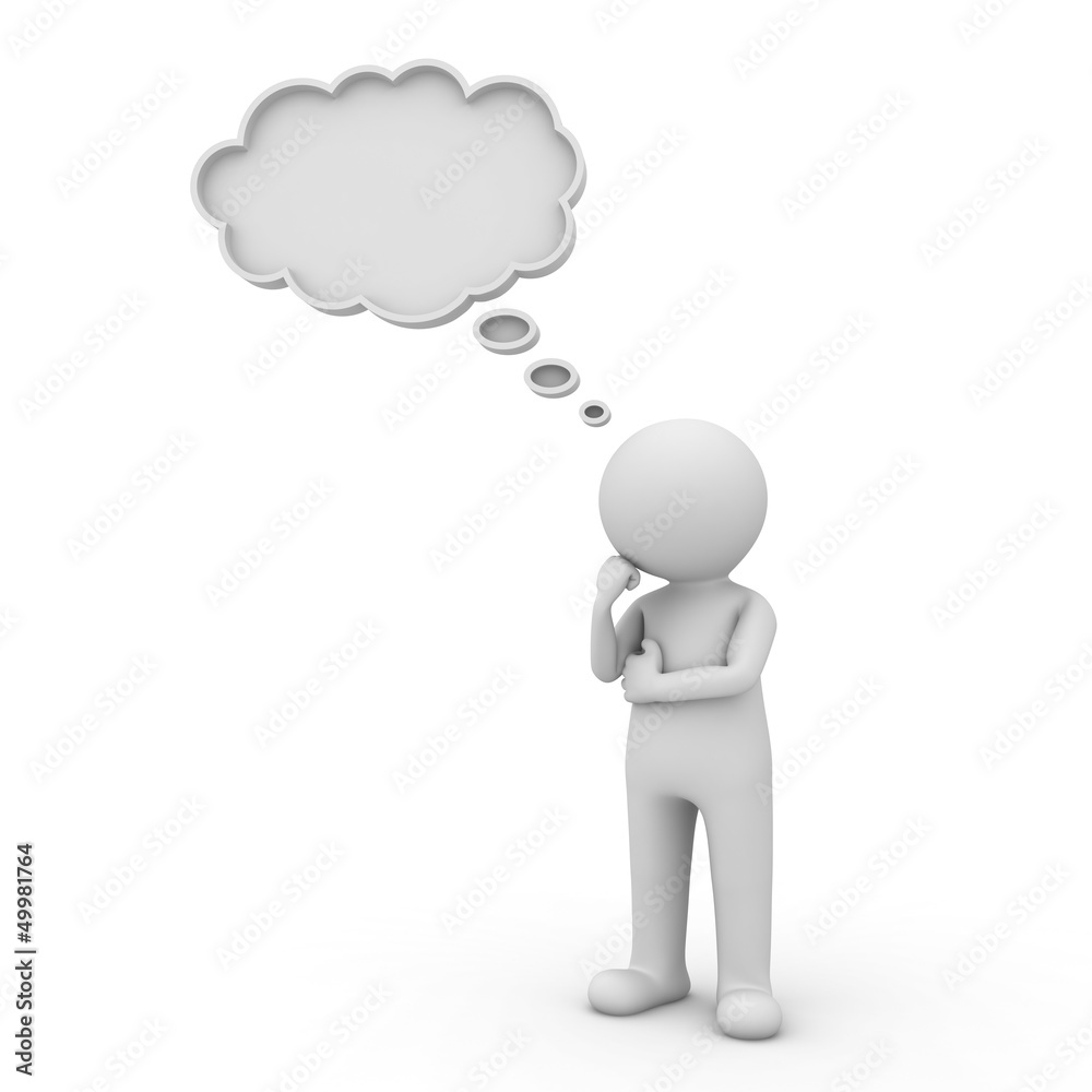 3d man thinking with thought bubble above his head over white 3d man thinking with thought bubble above his head over white