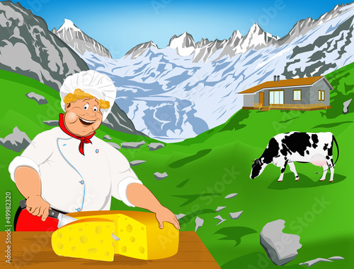 Chef and Natural swiss dairy cheese from cow with alps meadow