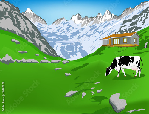 Dairy cow on a alps mountains green meadow.Vector