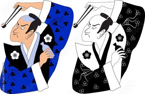 Samurai holding sushi roll in chopsticks