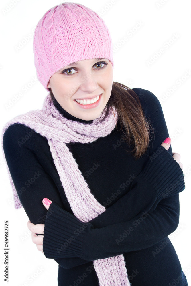 Cheerful woman clothing in warm hat. Winter season