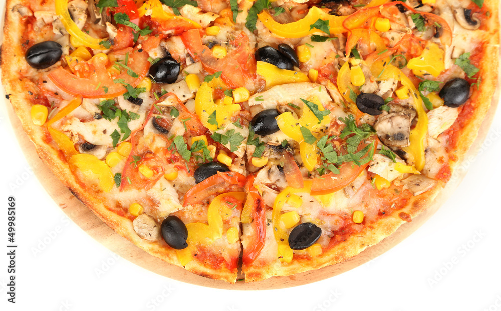 Tasty pizza with vegetables, chicken and olives isolated Tasty pizza with vegetables, chicken and olives isolated