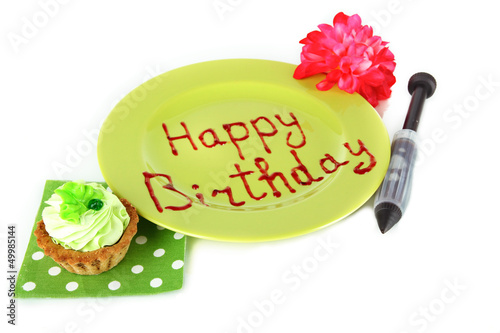 Tasty cake and jam inscription isolated on white