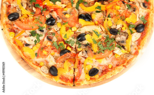 Tasty pizza with vegetables, chicken and olives isolated