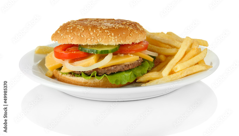 Tasty cheeseburger with fried potatoes, isolated on white