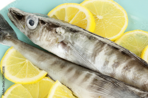 Fresh fish with lemon on plate close-up