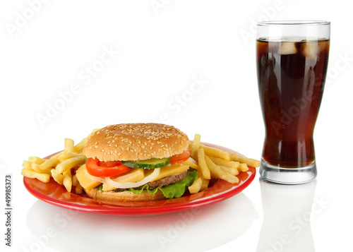 Tasty cheeseburger with fried potatoes and cold drink, isolated