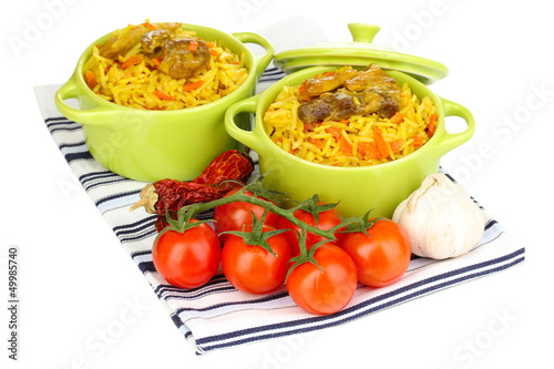Delicious pilaf with vegetables isolated on white