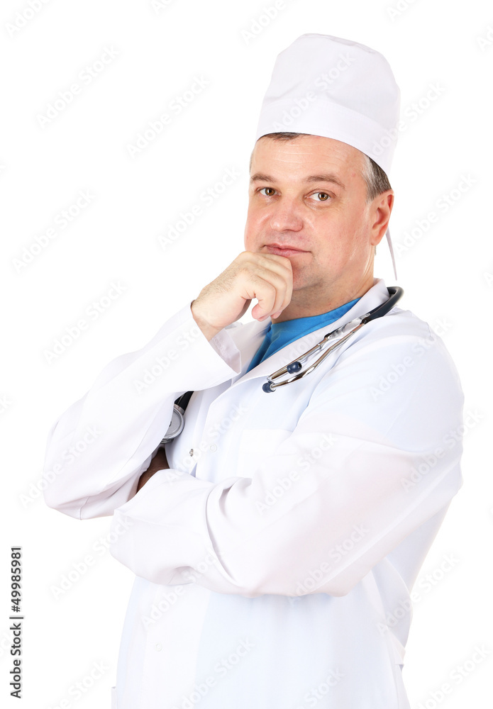 Medical doctor with stethoscope isolated on white Medical doctor with stethoscope isolated on white