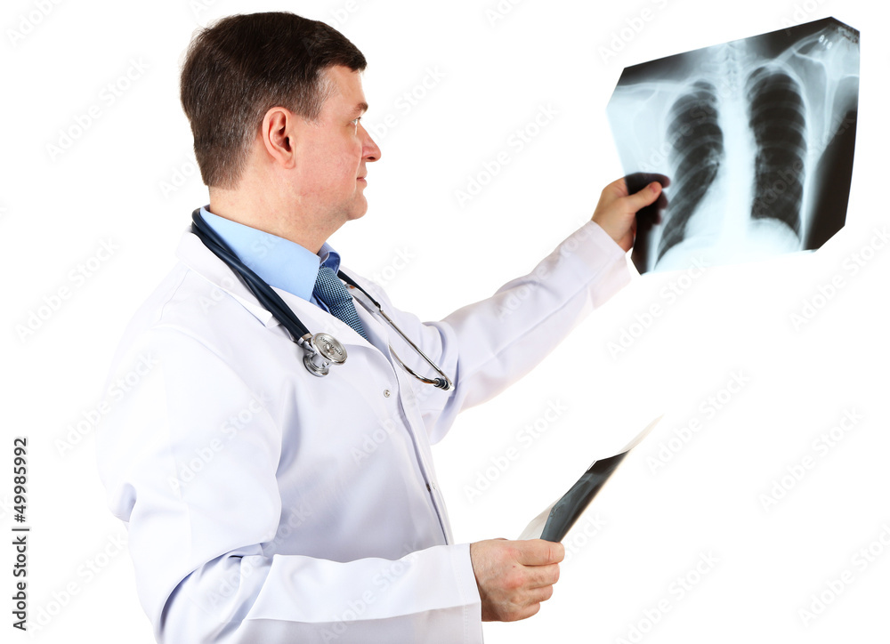Medical doctor analysing x-ray image isolated on white Medical doctor analysing x-ray image isolated on white