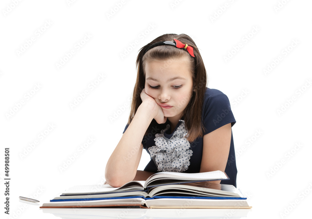 Schoolgirl is tired of studying, isolated, white background Schoolgirl is tired of studying, isolated, white background