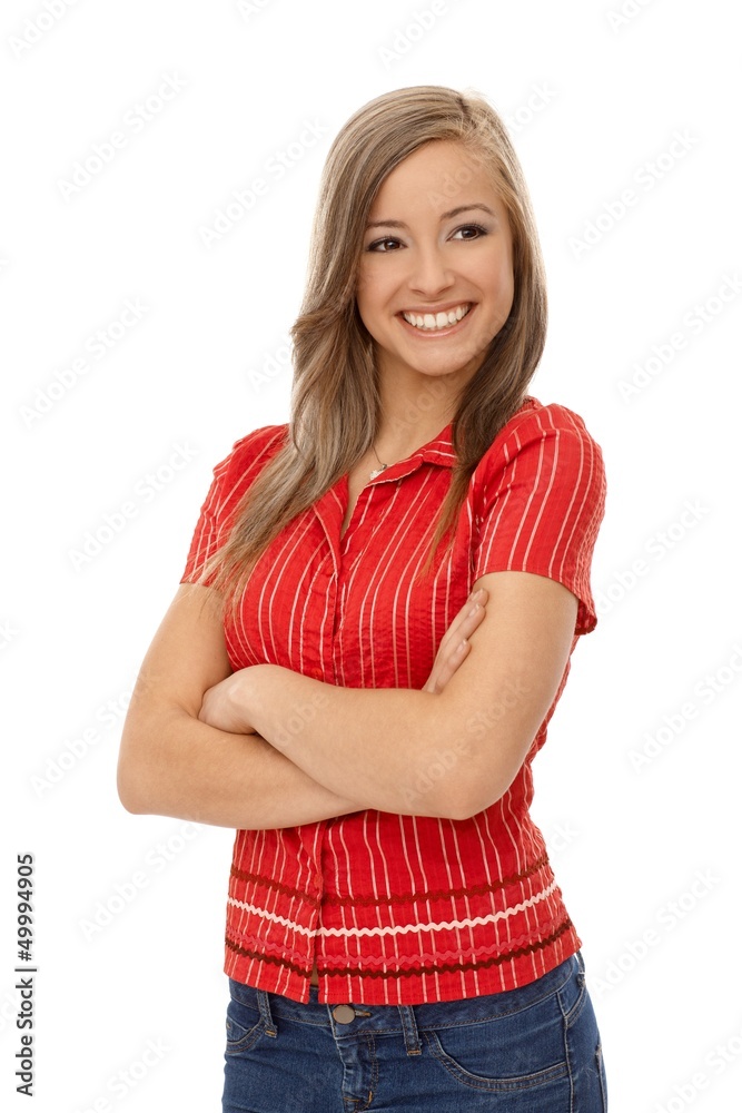 Happy girl standing arms crossed Happy girl standing arms crossed