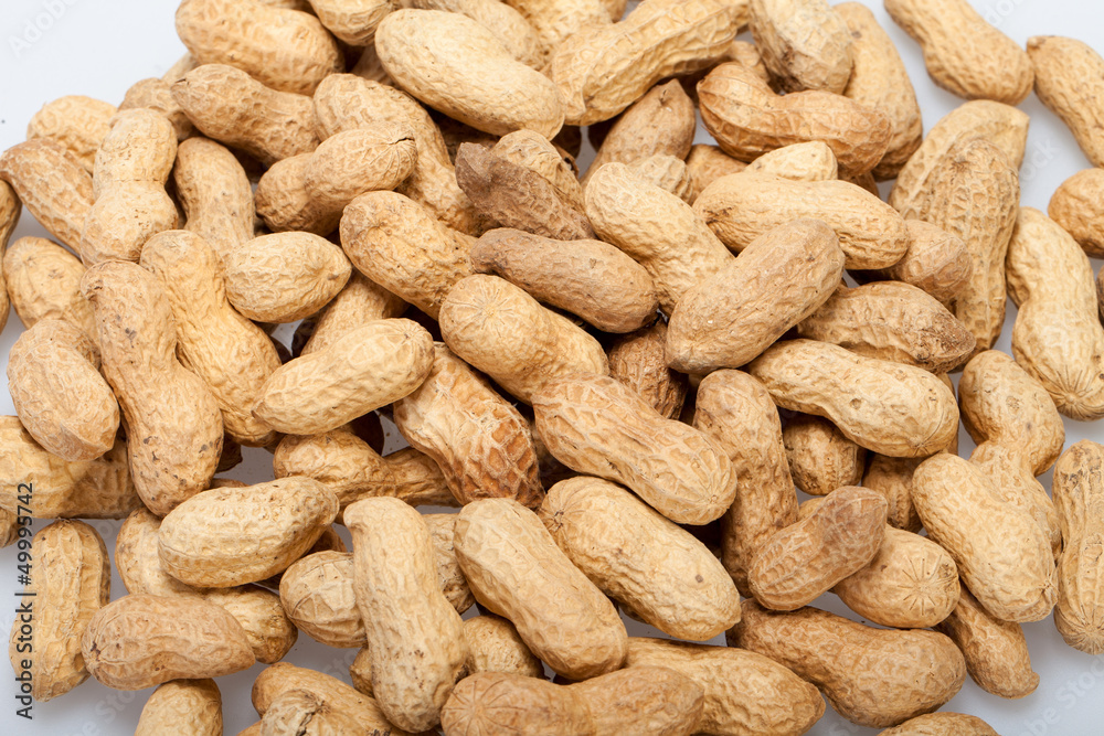.Dried peanuts in closeup on the white background .Dried peanuts in closeup on the white background