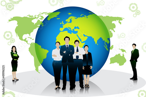Business People standing in front of globe