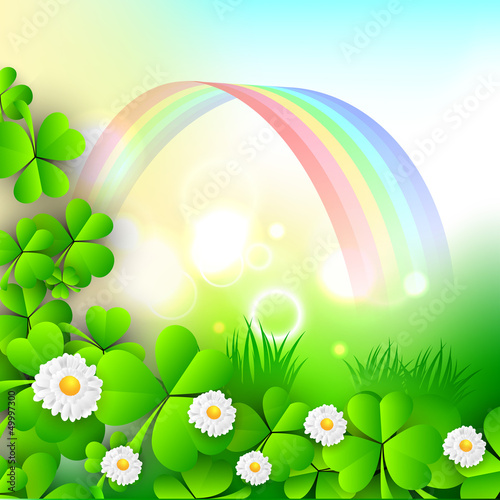 Irish shamrock leaves and flowers on rainbow background for Happ