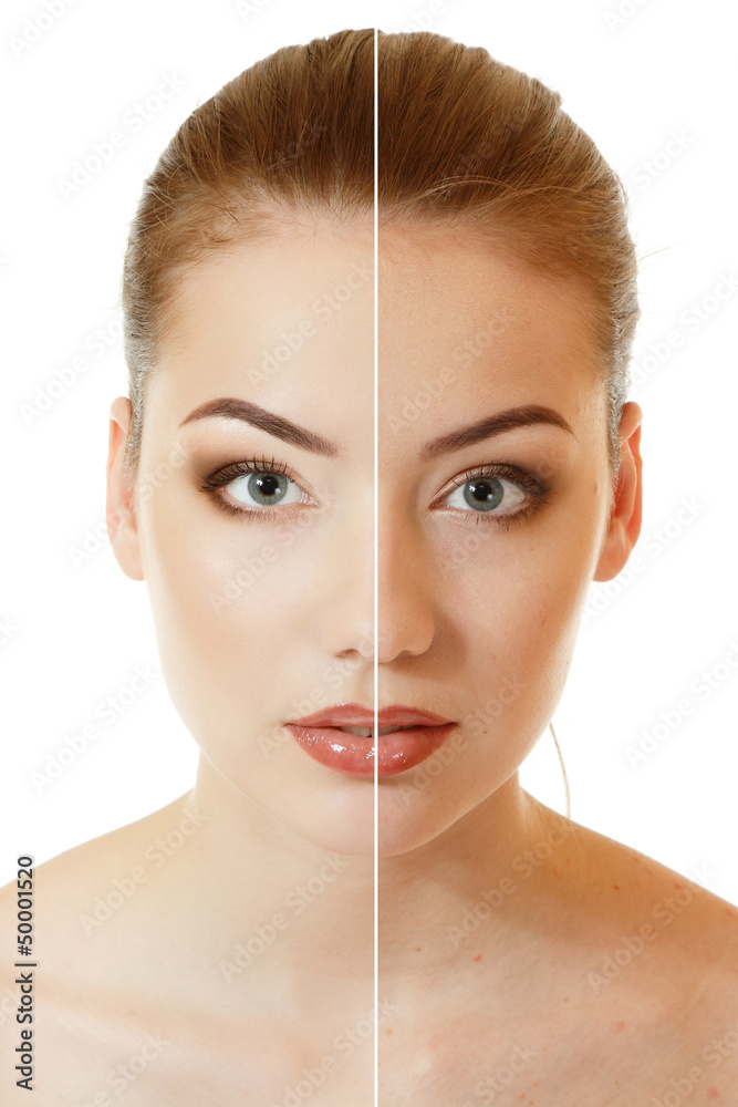 face of beautiful young woman before and after retouch - obrazy, fototapety, plakaty 