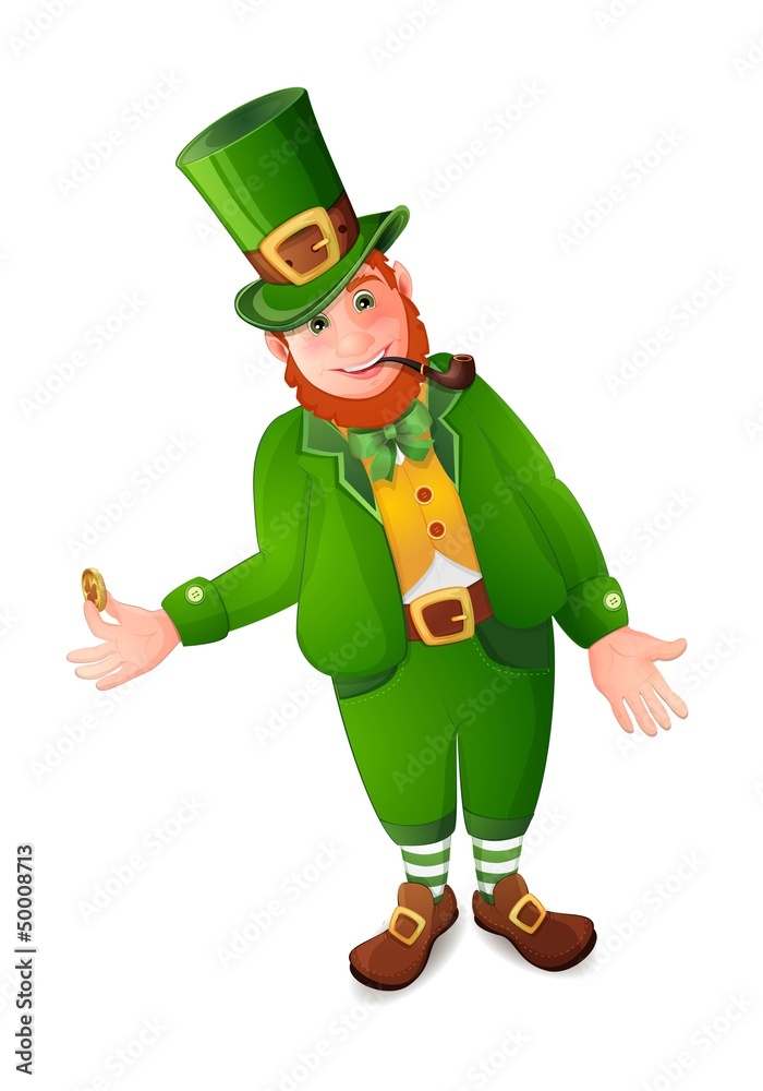 Leprechaun with gold coin isolated on white Leprechaun with gold coin isolated on white