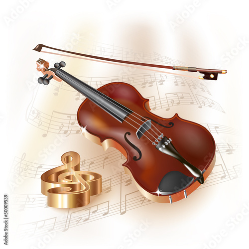 Classical violin on white background with musical notes