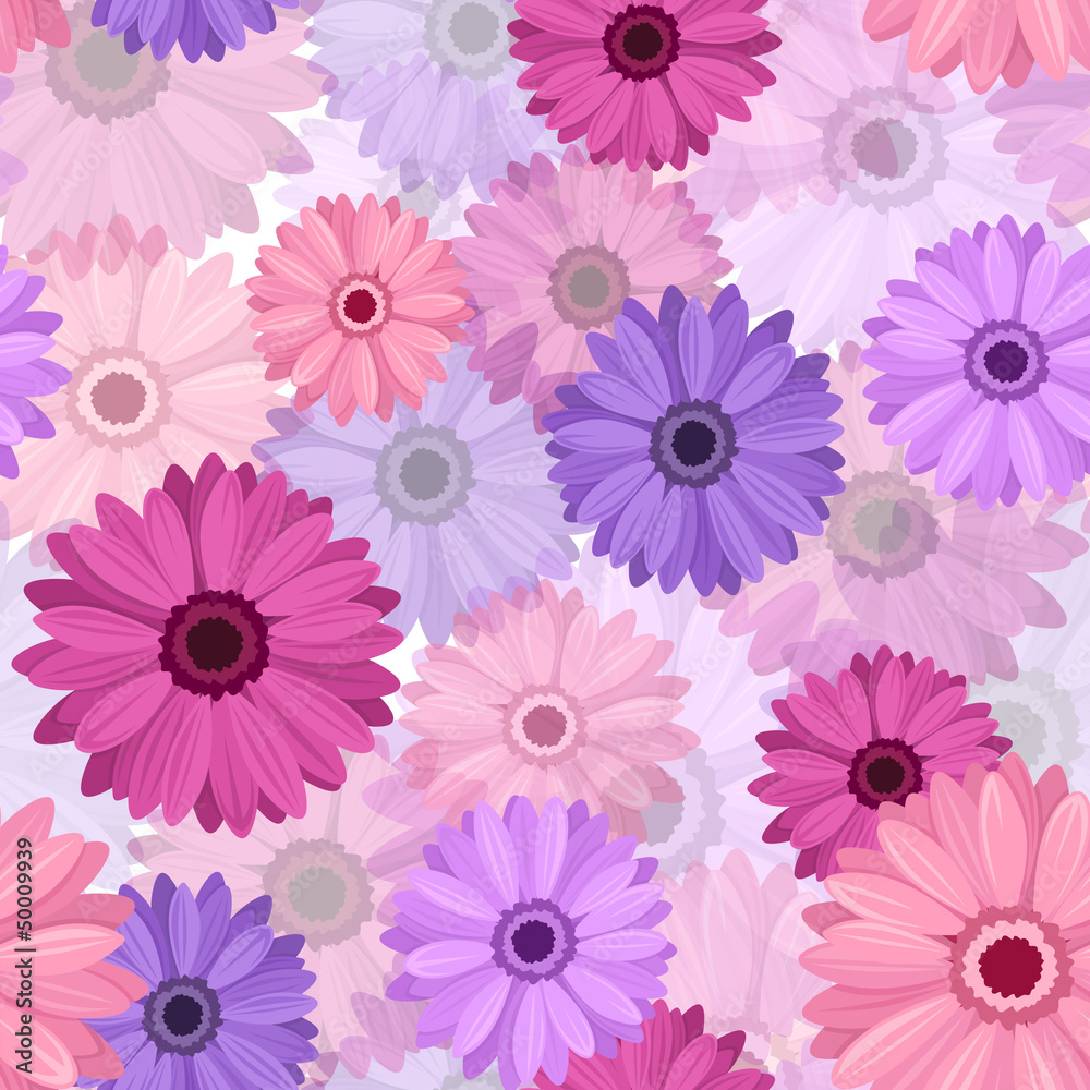 Seamless background with pink and purple gerbera. Vector EPS-10.