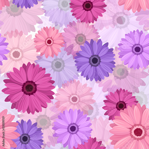 Seamless background with pink and purple gerbera. Vector EPS-10.