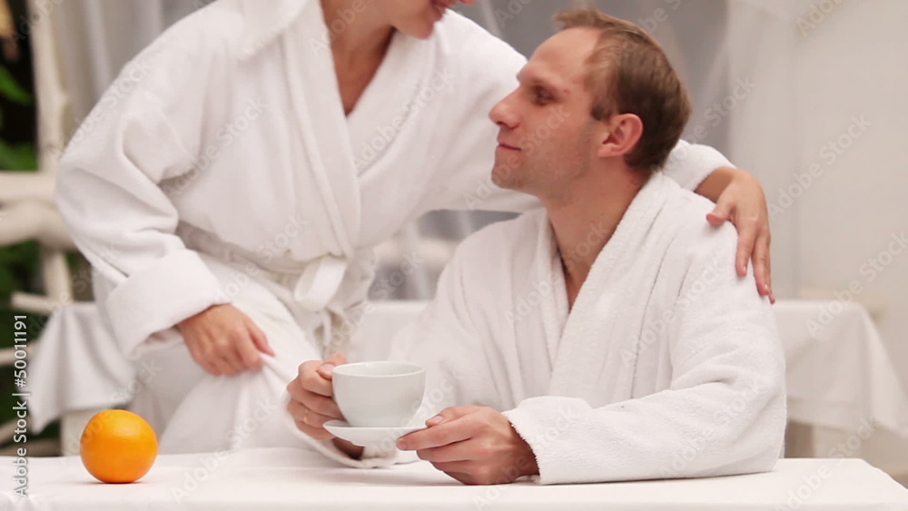 Morning Coffe in cozy spa center after bathroom