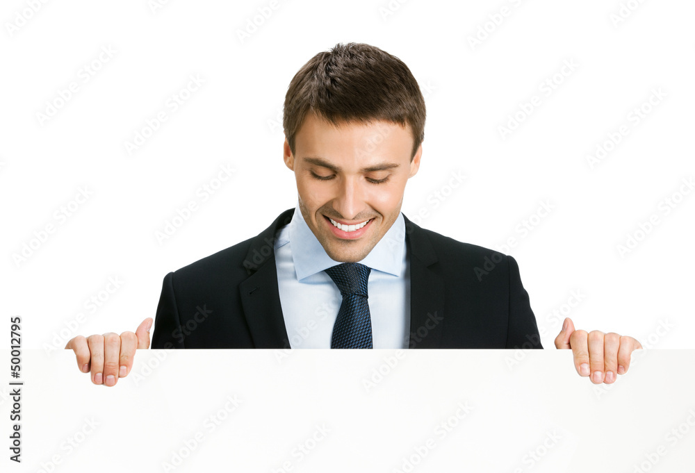 Businessman showing blank signboard, isolated Businessman showing blank signboard, isolated