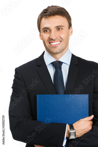 Business man with folder, on white