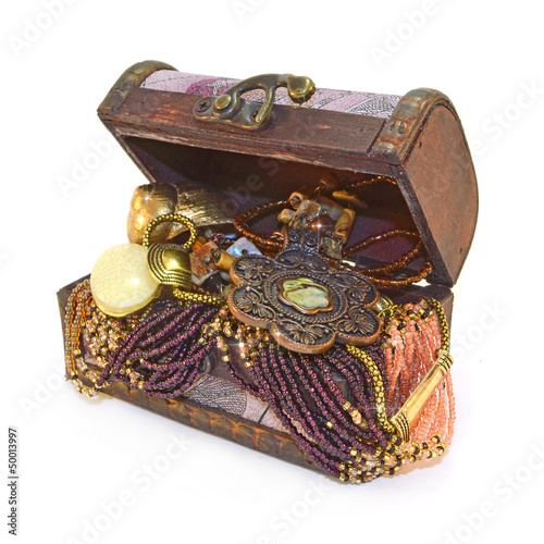 Wooden treasure chest with valuables