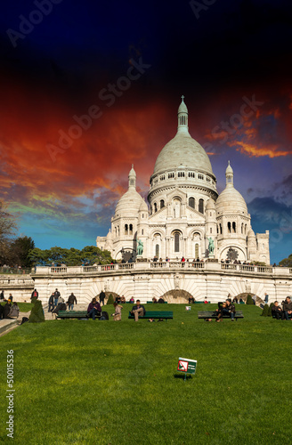 Paris. Sacred Heart Cathedral with beautiful sky colors © jovannig