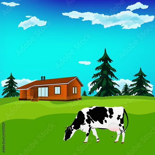 Dairy cow on a alps  green meadow. Alps landscape. Vector © red150770