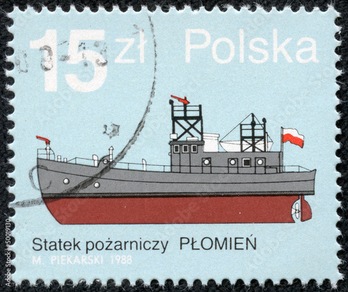 stamp printed in Poland shows Fire Boat photo