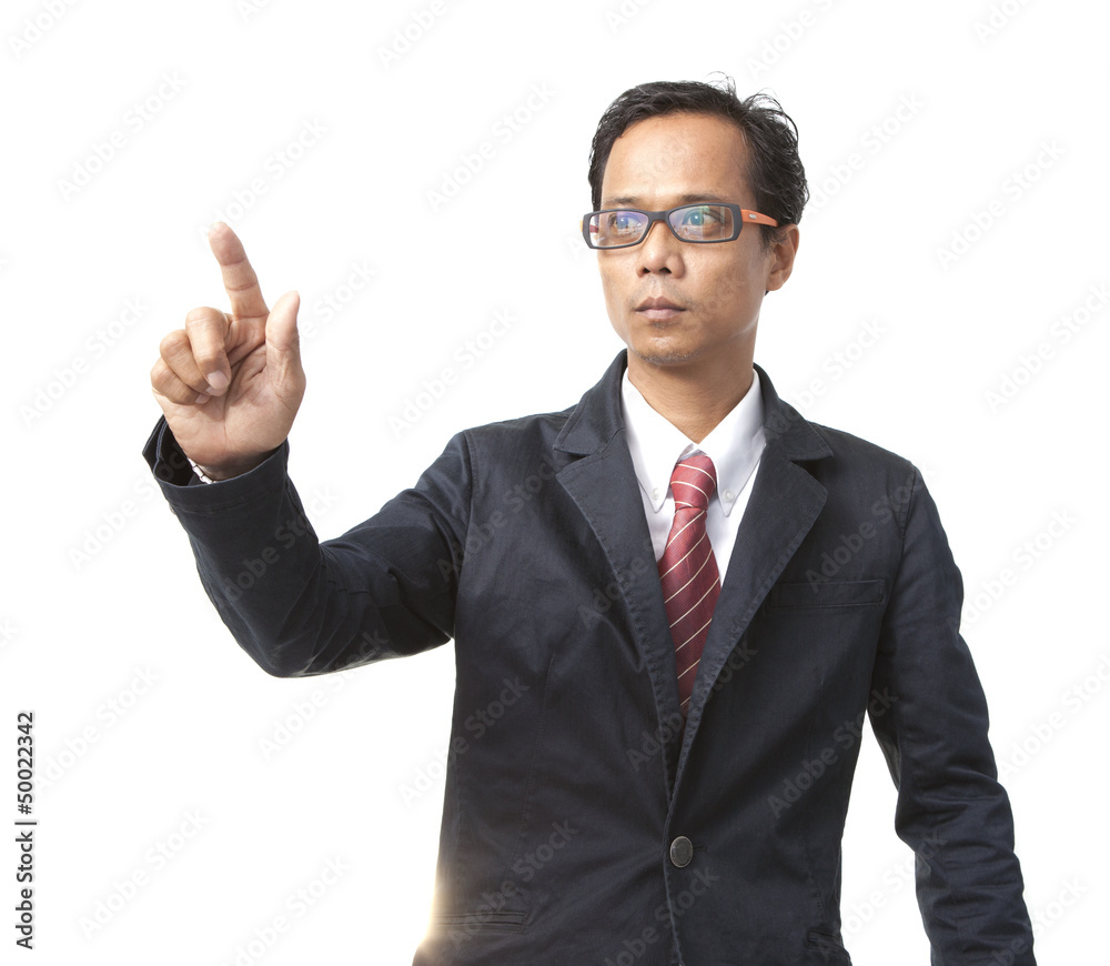 young asian business man pointing by right hand finger isolated young asian business man pointing by right hand finger isolated