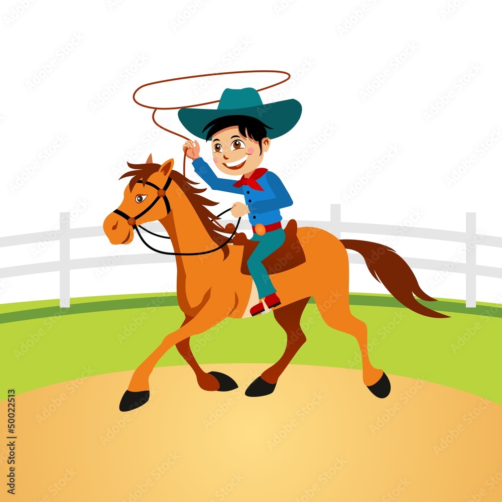 little cowboy riding horse and lasso throwing - obrazy, fototapety, plakaty 