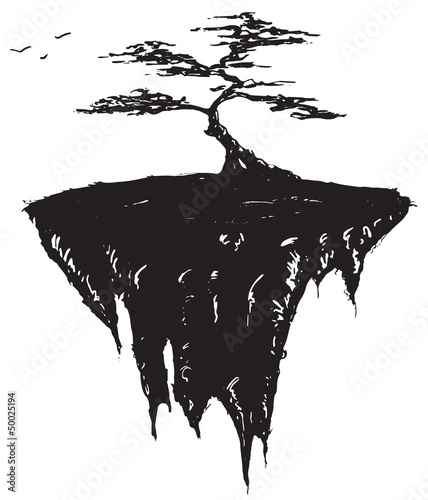Tree growing on a floating island, black and white