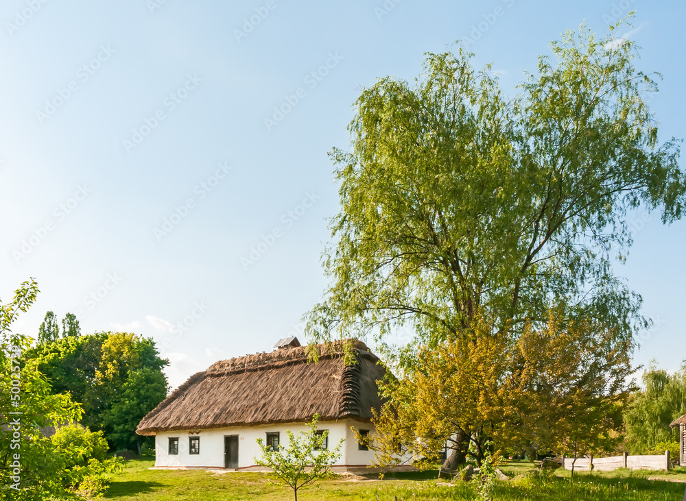 A typical antique Ukrainian country house with a thatch roof, in the countryside near Kiev	
