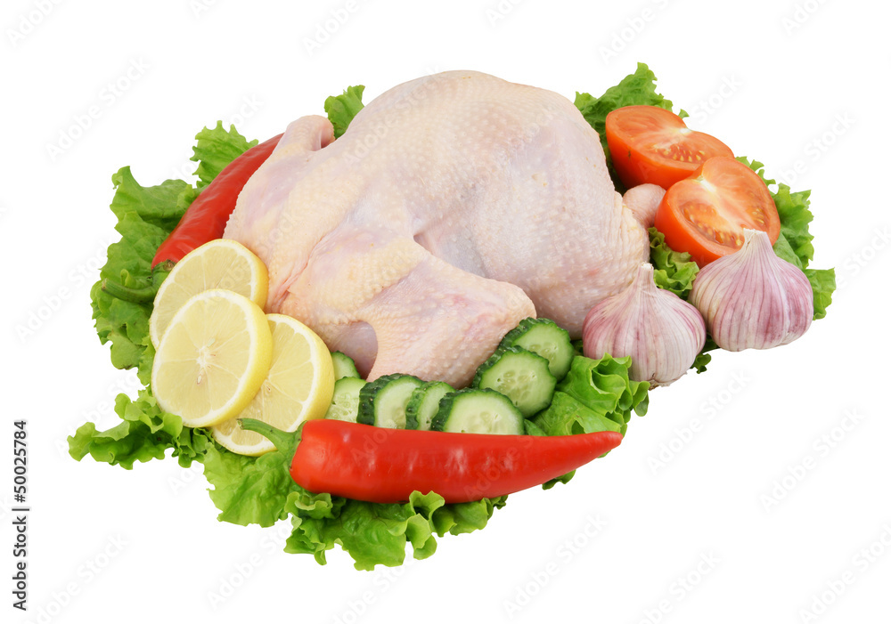 Raw chicken with vegetables isolated on white background Raw chicken with vegetables isolated on white background