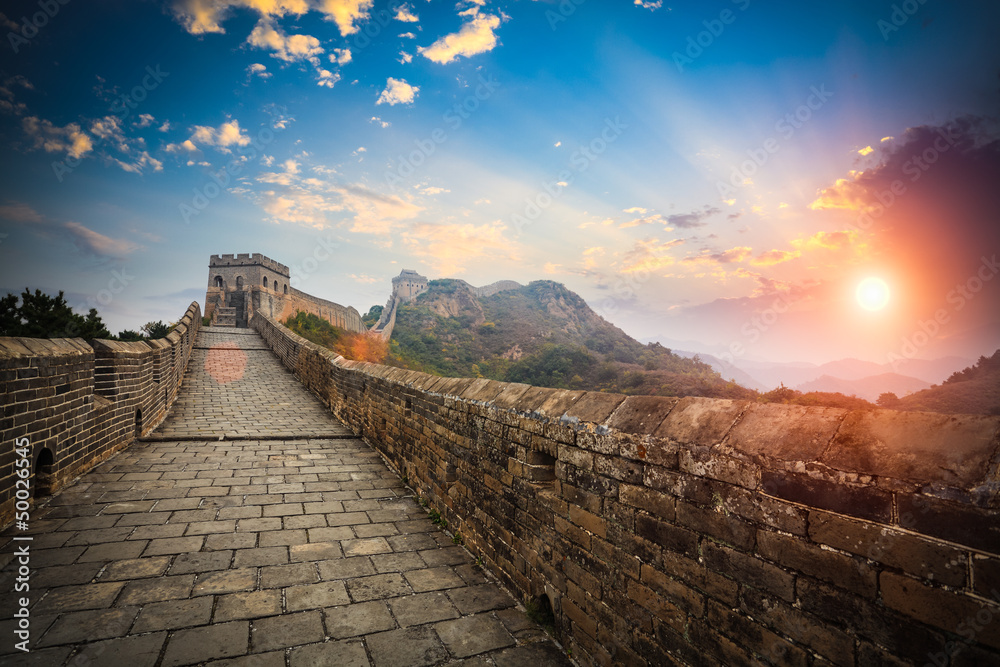 the great wall with sunset glow - obrazy, fototapety, plakaty 