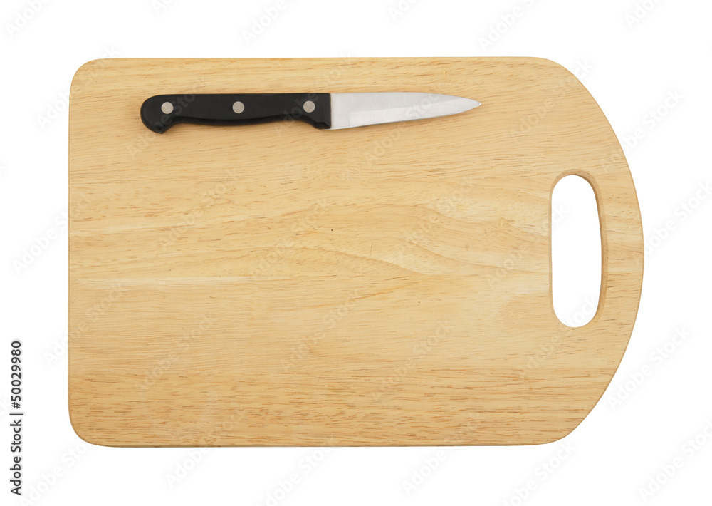 Knife on cutting board isolated on white