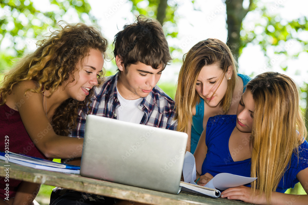 Group of young student using laptop outdoor,Italy Group of young student using laptop outdoor,Italy