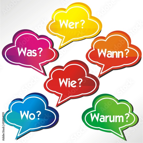 6 W-Worte in Sprechblasen