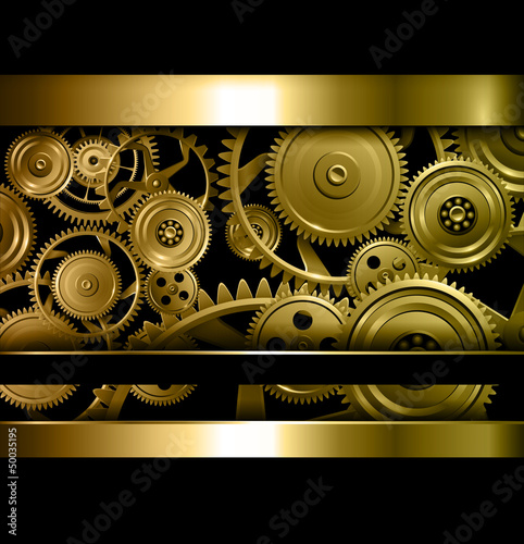 Technology background gold metallic gears and golden cogwheels