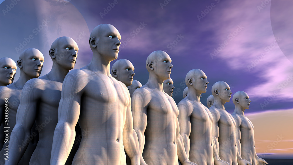 Naklejka premium Figuras humanoides y planeta lejano