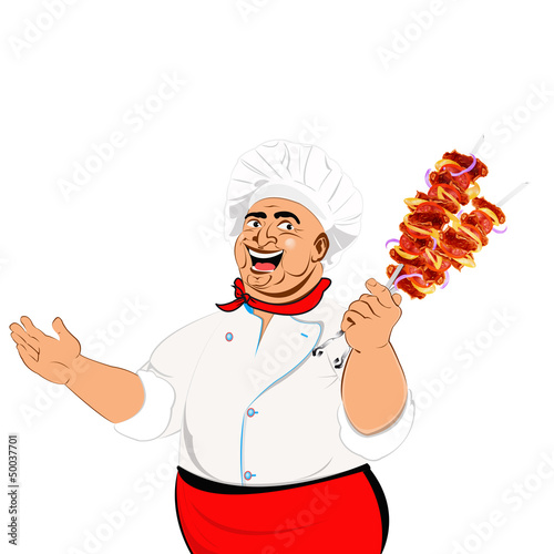 Funny Chef and delicious hot skewers of lamb.Vector