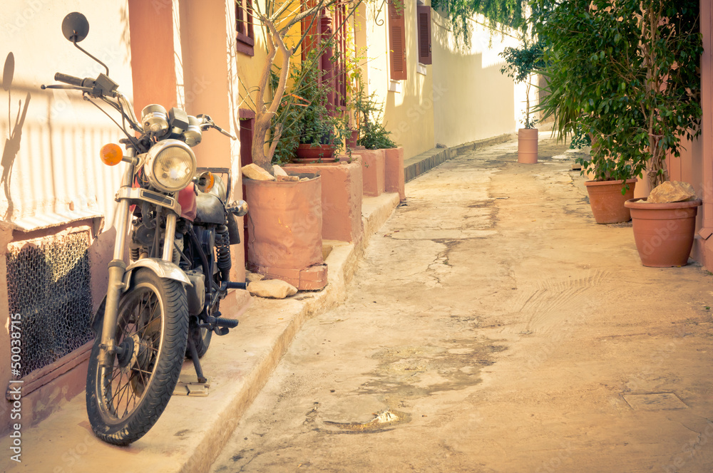 Classic vintage motorcycle in Athens, Greece