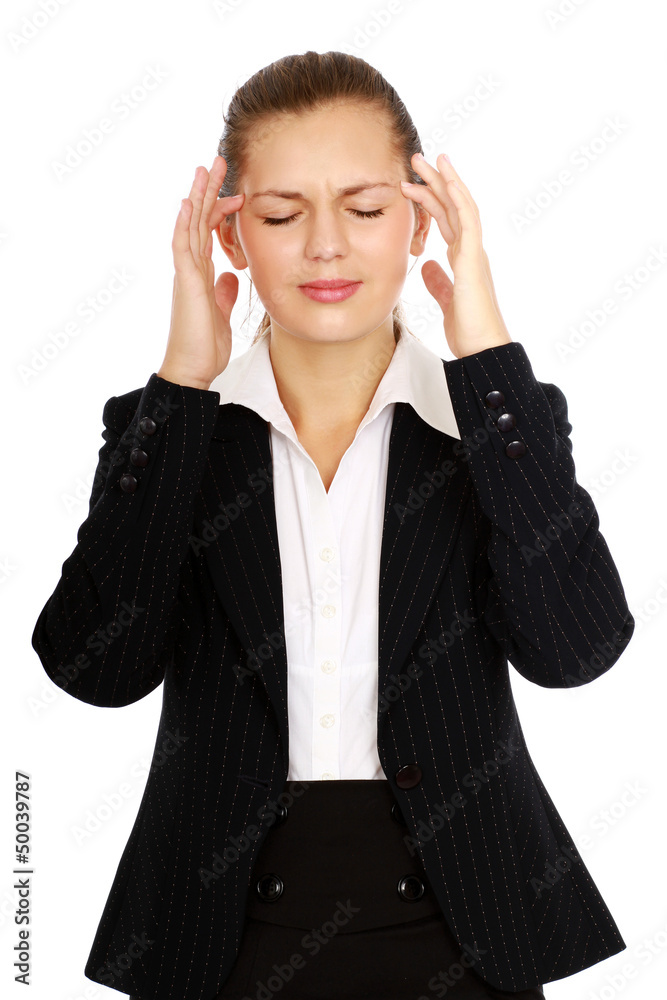 Portrait of stressed business woman having head Portrait of stressed business woman having head