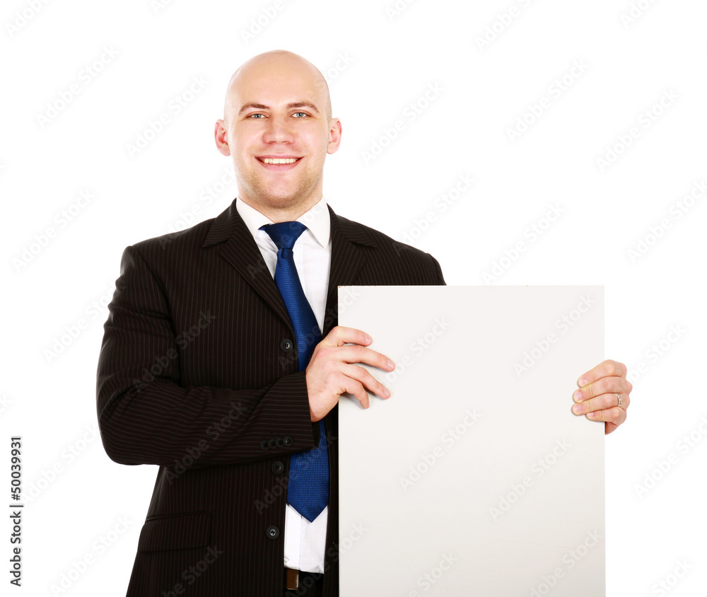A business man with an empty blank, isolated on white background A business man with an empty blank, isolated on white background