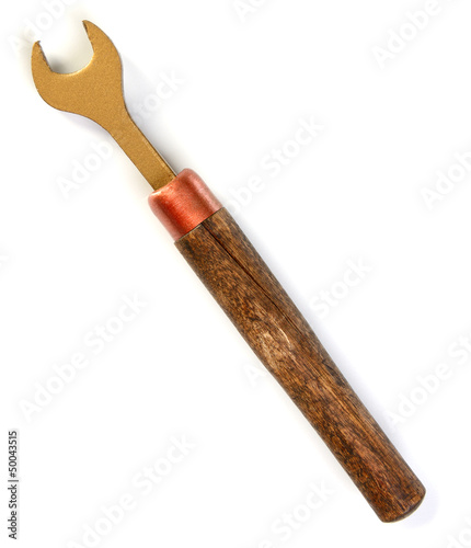 Wrench with wooden handle.
