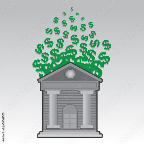Bank building releasing floating green dollar signs