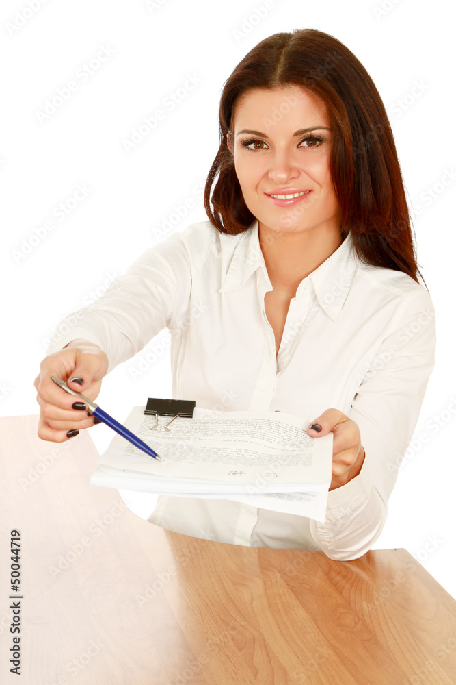 Businesswoman giving you the pen and the contract to sign