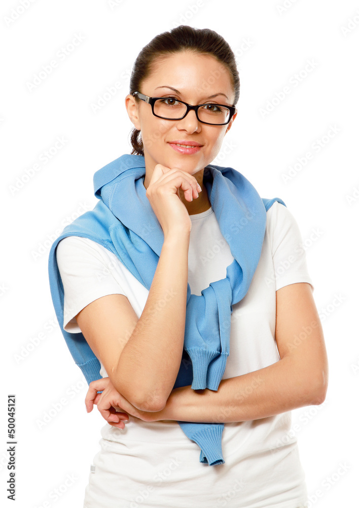A young female student thinking, isolated on white background A young female student thinking, isolated on white background